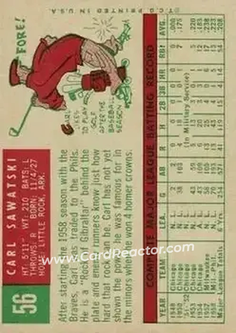 1959 Topps #56 - Carl Sawatski - Philadelphia Phillies - Back