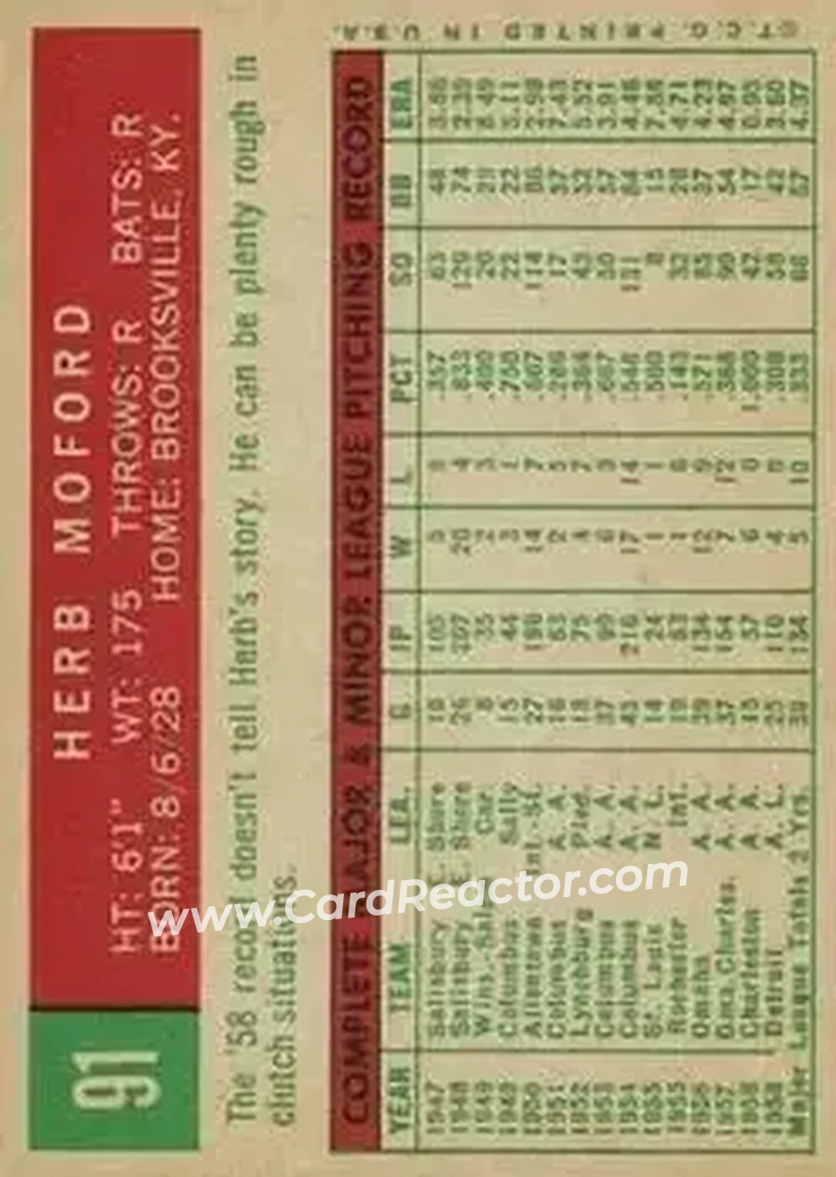 1959 Topps #91 - Herb Moford - Boston Red Sox - Back