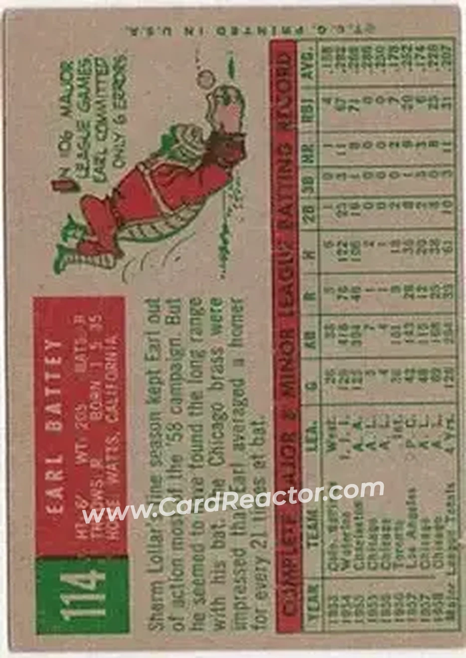 1959 Topps #114 - Earl Battey - Chicago White Sox - Back