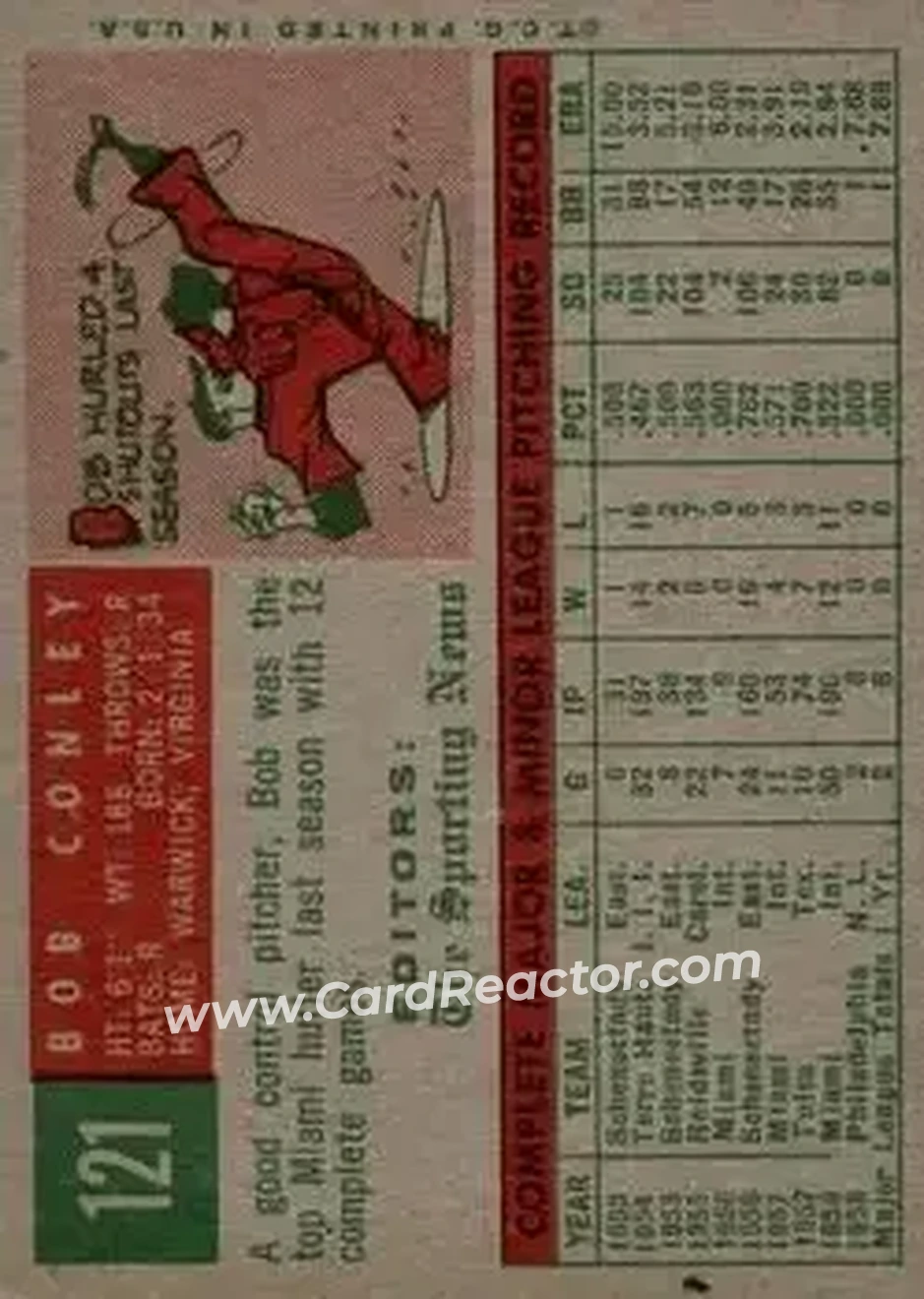 1959 Topps #121 - Bob Conley - Philadelphia Phillies - Back