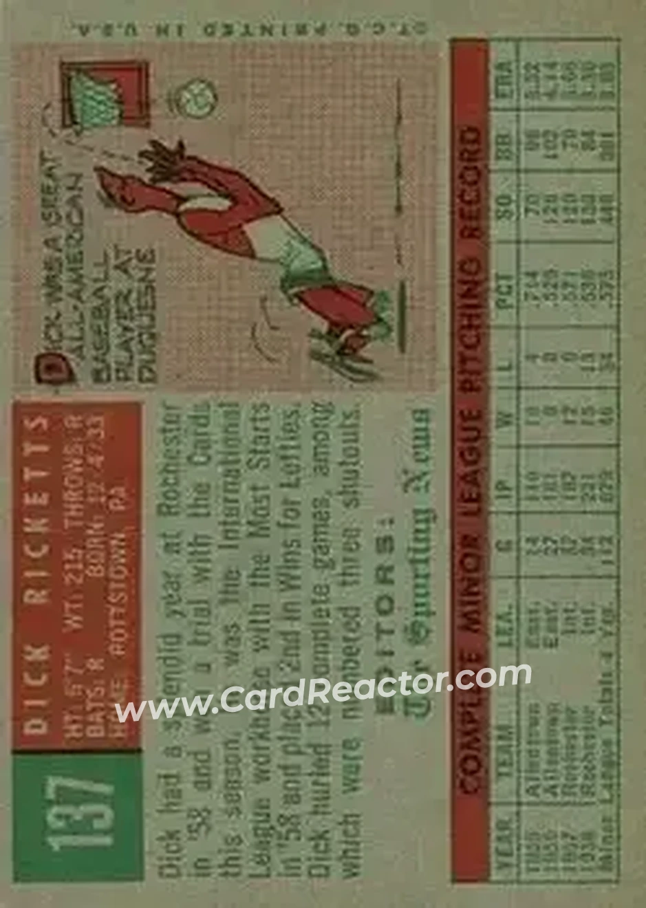 1959 Topps #137 - Dick Ricketts - St. Louis Cardinals - Back 1959 Topps #137 - Dick Ricketts - St. Louis Cardinals - Back