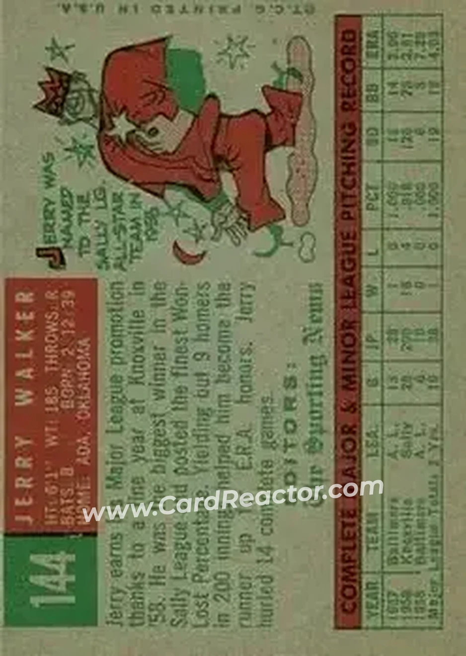 1959 Topps #144 - Jerry Walker - Baltimore Orioles - Back