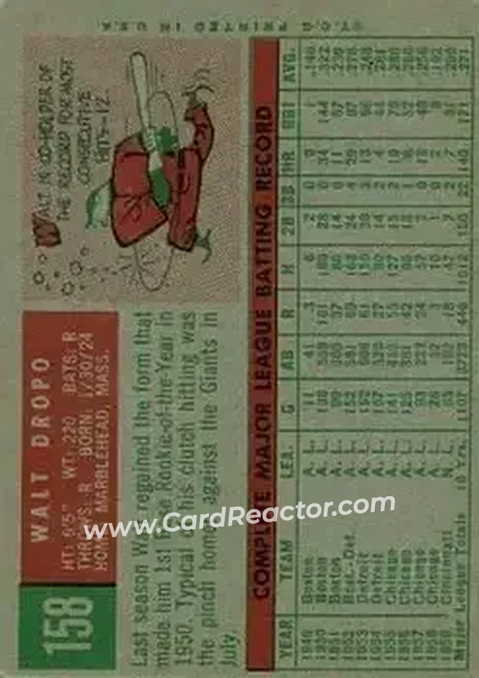 1959 Topps #158 - Walt Dropo - Cincinnati Redlegs - Back 1959 Topps #158 - Walt Dropo - Cincinnati Redlegs - Back
