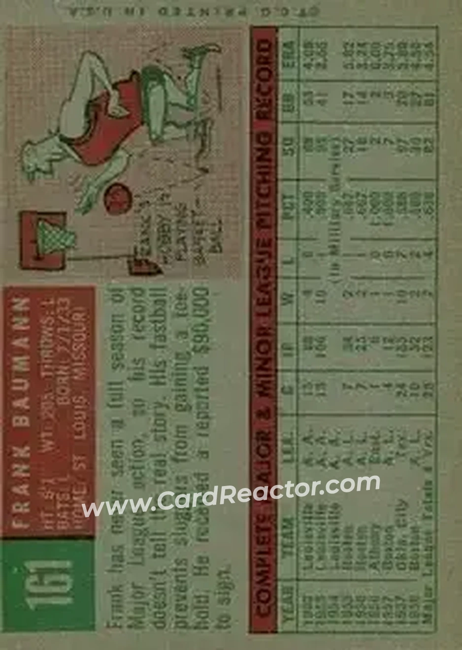 1959 Topps #161 - Frank Baumann - Boston Red Sox - Back