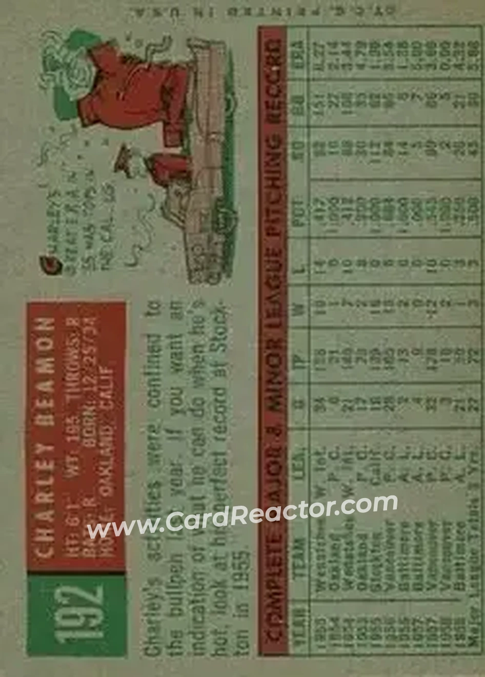 1959 Topps #192 - Charley Beamon - Baltimore Orioles - Back