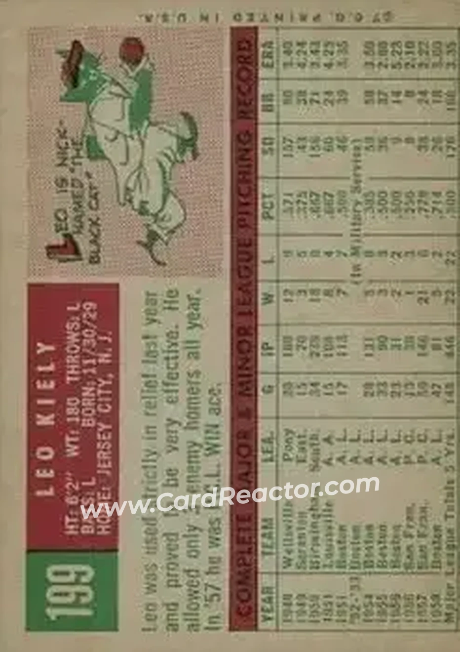 1959 Topps #199b - Leo Kiely - Boston Red Sox - Back