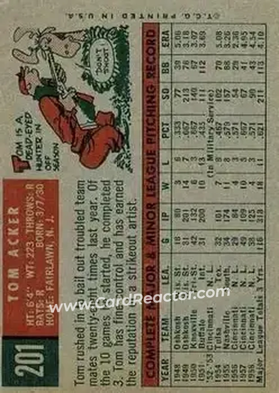 1959 Topps #201b - Tom Acker - Cincinnati Redlegs - Back 1959 Topps #201b - Tom Acker - Cincinnati Redlegs - Back