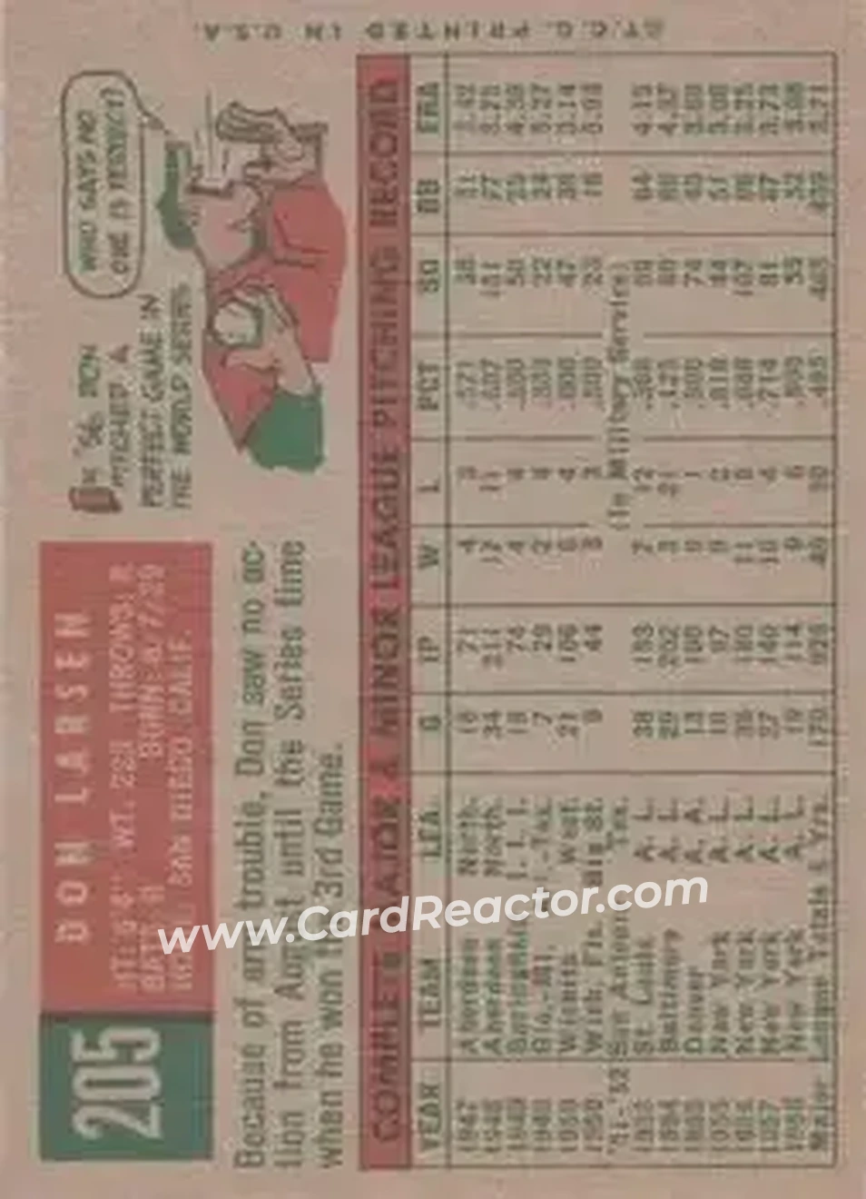 1959 Topps #205b - Don Larsen - New York Yankees - Back