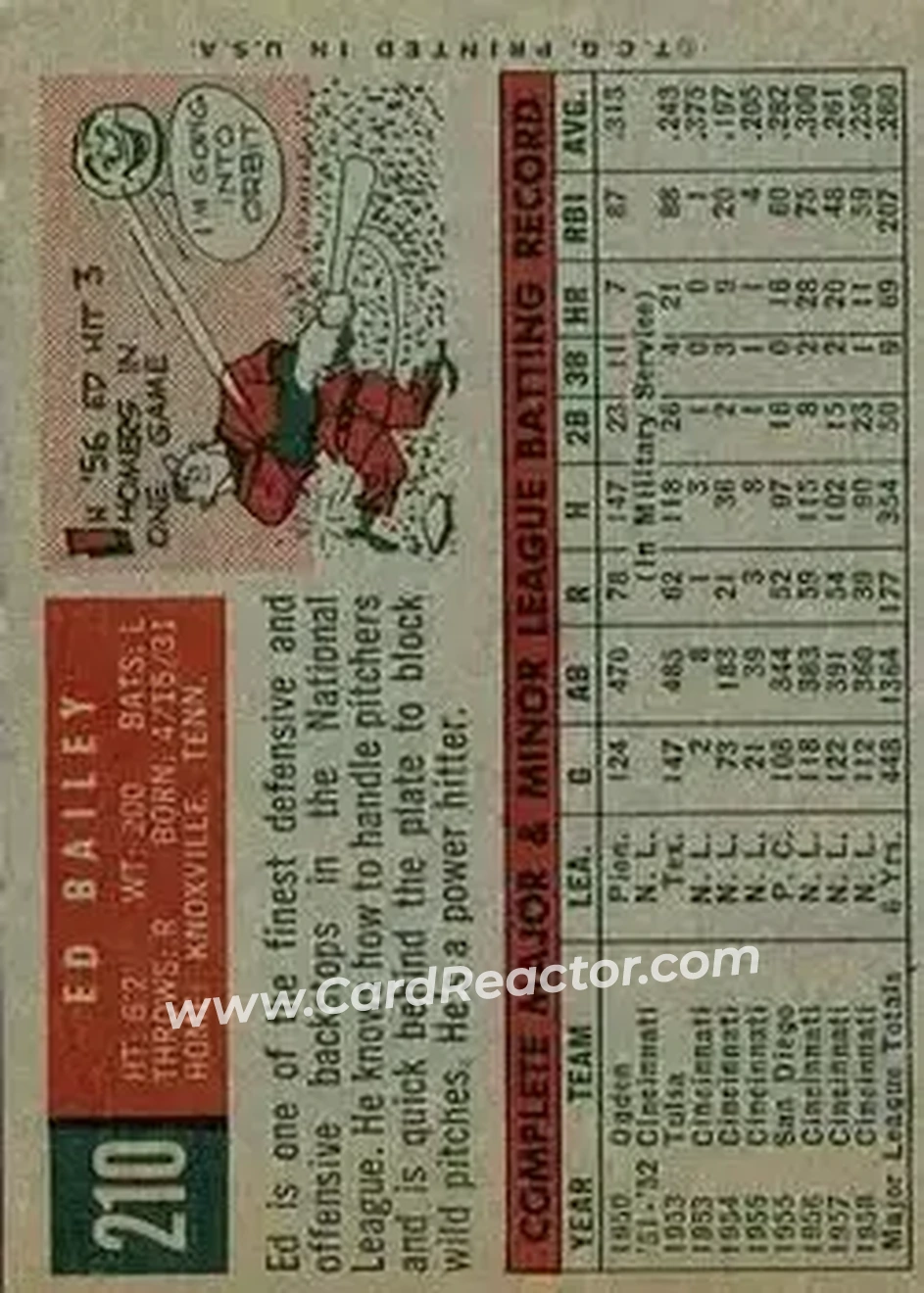 1959 Topps #210b - Ed Bailey - Cincinnati Redlegs - Back