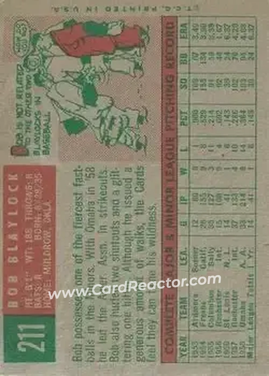 1959 Topps #211b - Bob Blaylock - St. Louis Cardinals - Back