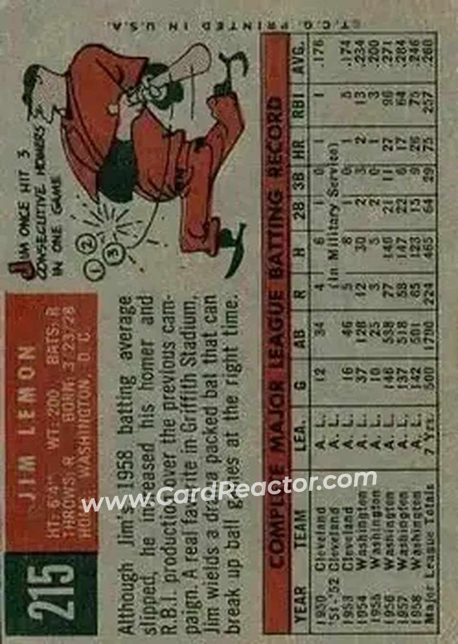 1959 Topps #215b - Jim Lemon - Washington Senators - Back 1959 Topps #215b - Jim Lemon - Washington Senators - Back