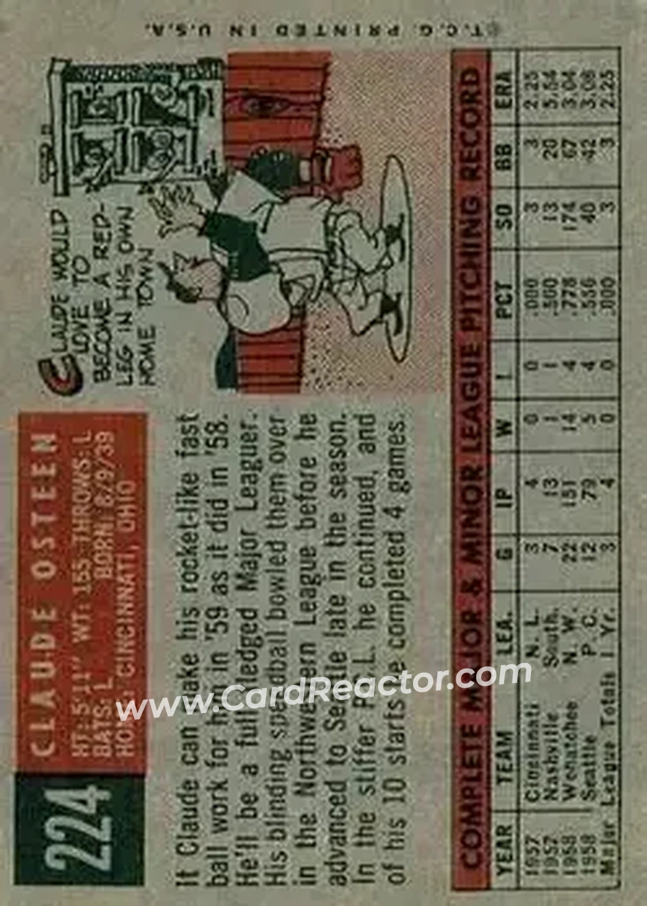 1959 Topps #224b - Claude Osteen - Cincinnati Redlegs - Back