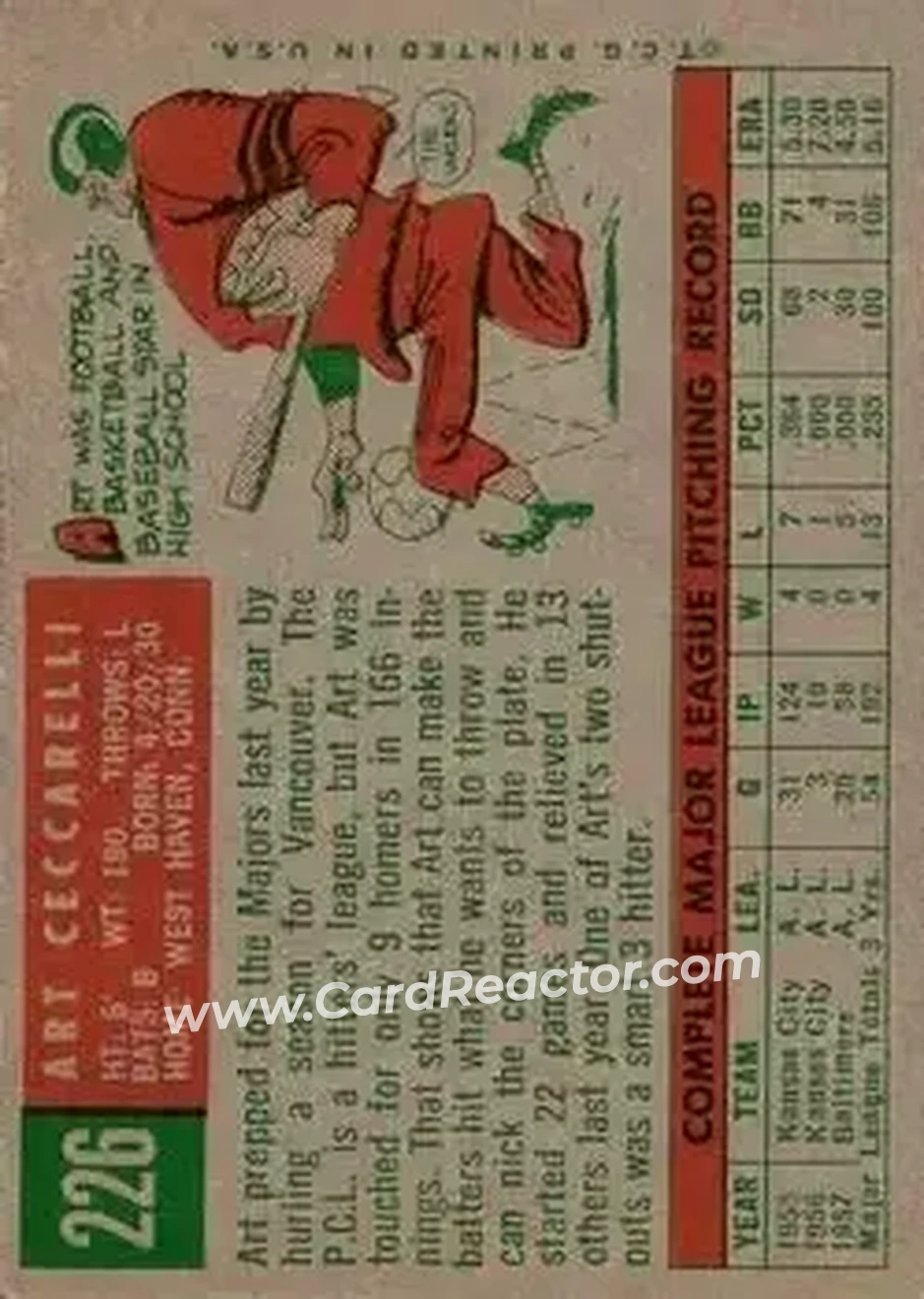 1959 Topps #226b - Art Ceccarelli - Chicago Cubs - Back 1959 Topps #226b - Art Ceccarelli - Chicago Cubs - Back