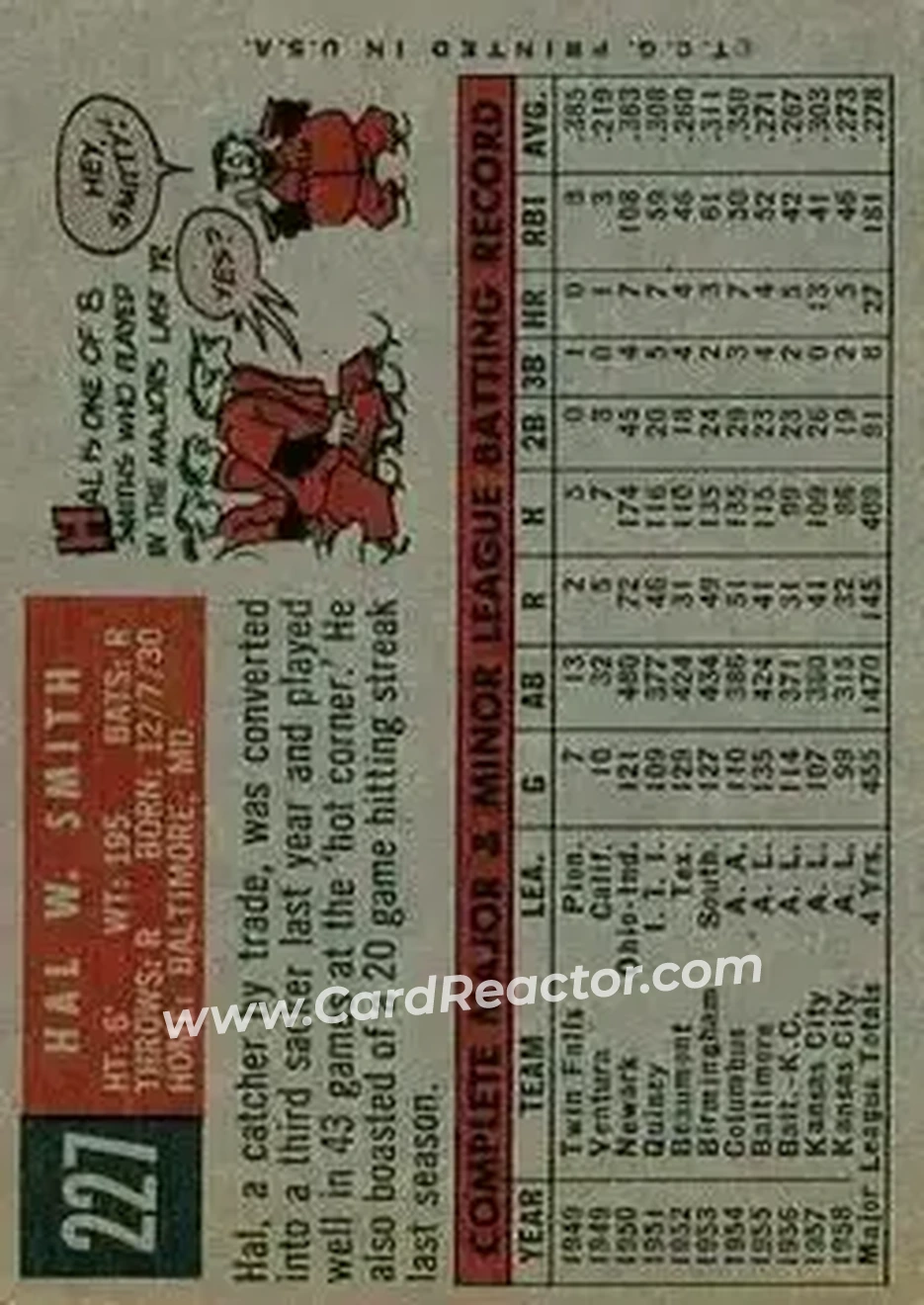1959 Topps #227b - Hal Smith - Kansas City Athletics - Back