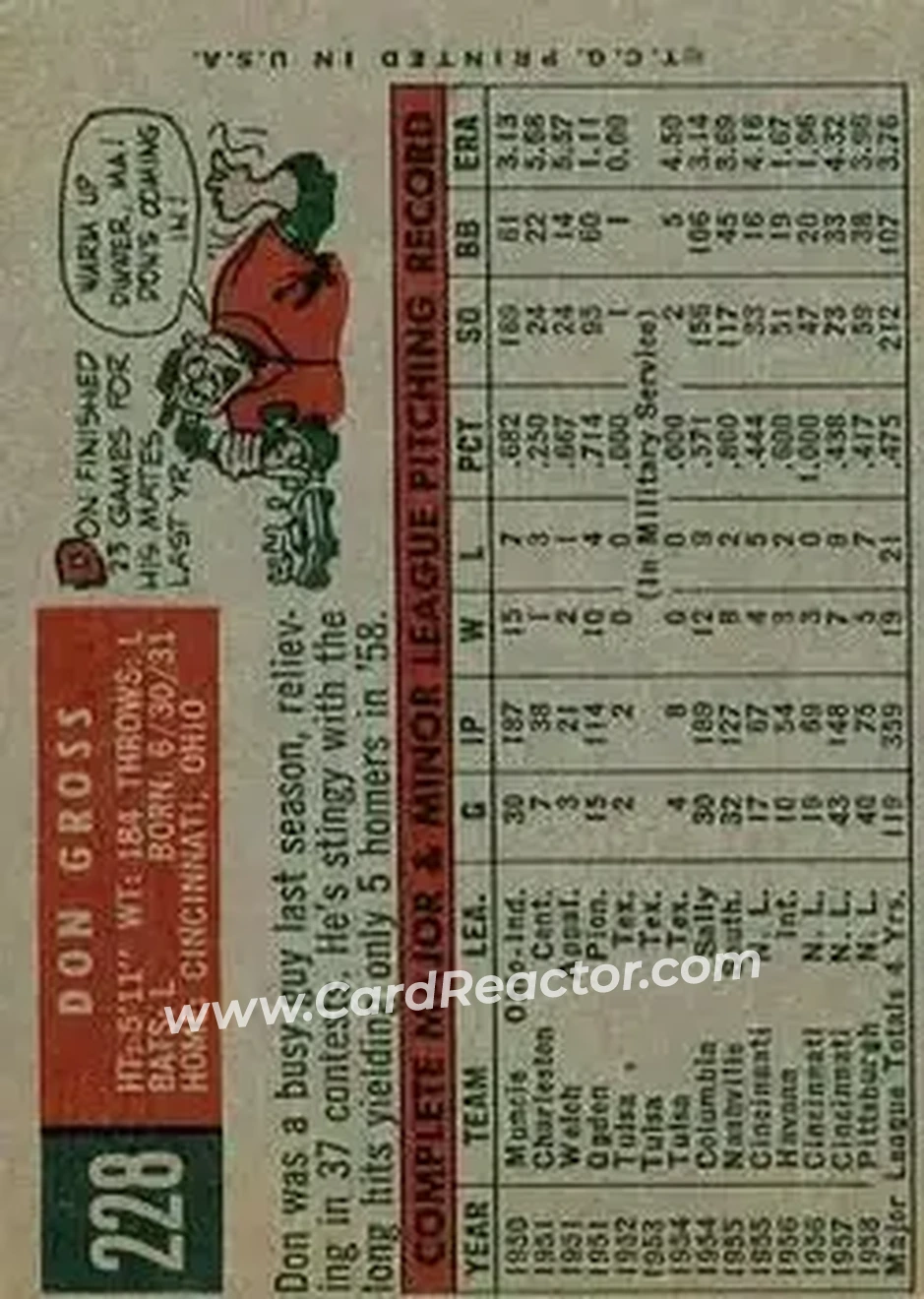 1959 Topps #228b - Don Gross - Pittsburgh Pirates - Back