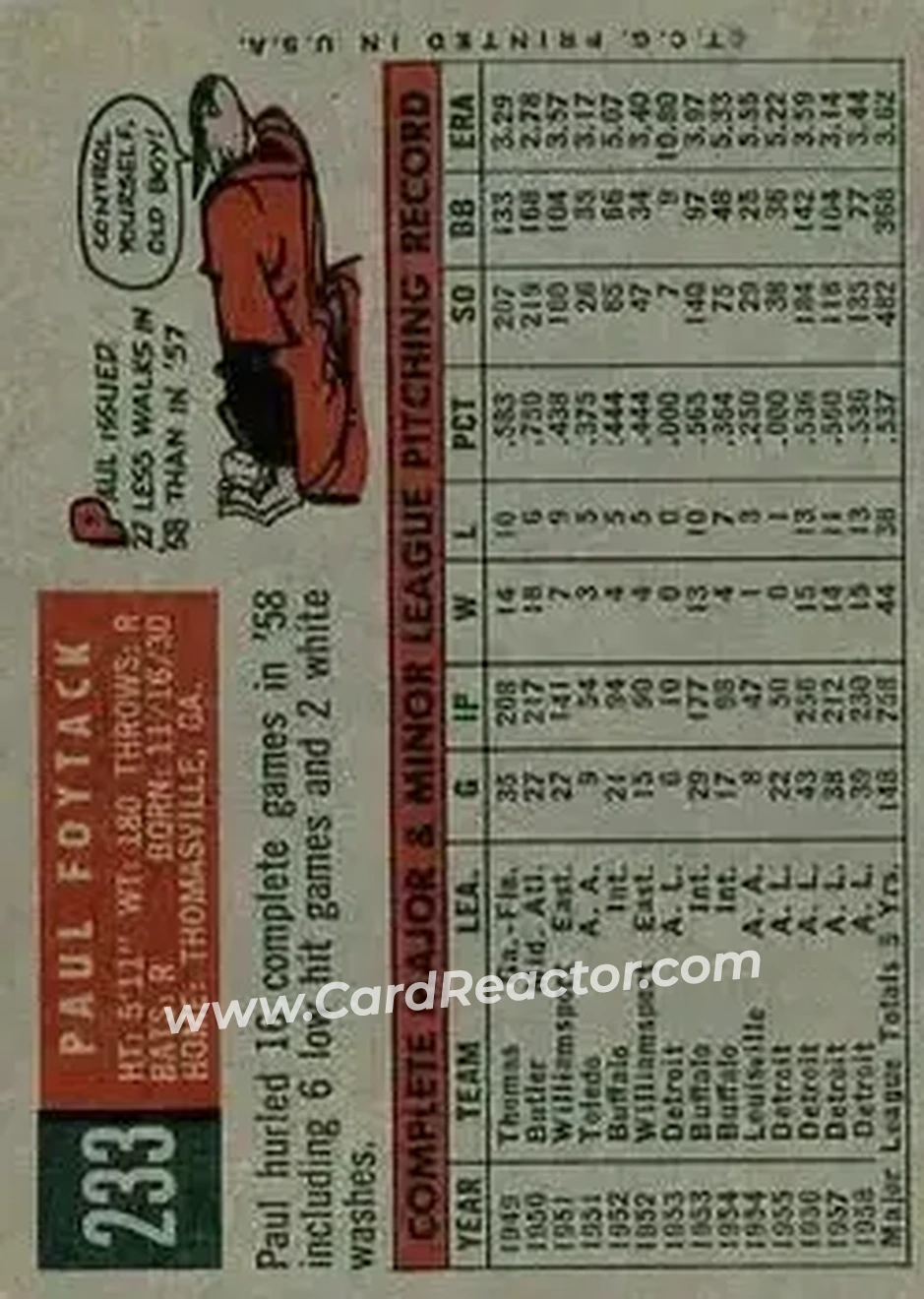 1959 Topps #233b - Paul Foytack - Detroit Tigers - Back