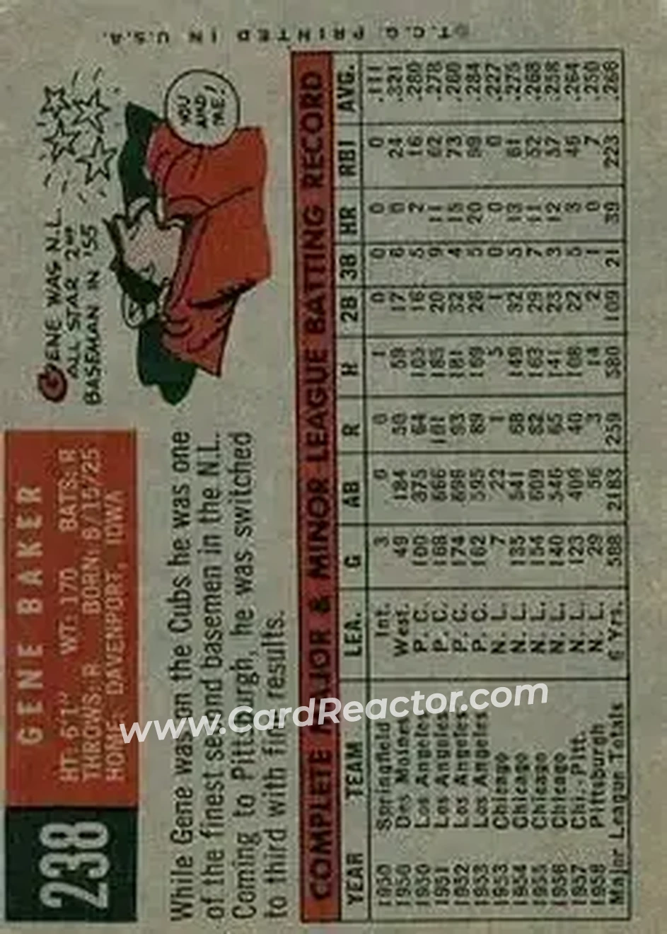 1959 Topps #238b - Gene Baker - Pittsburgh Pirates - Back