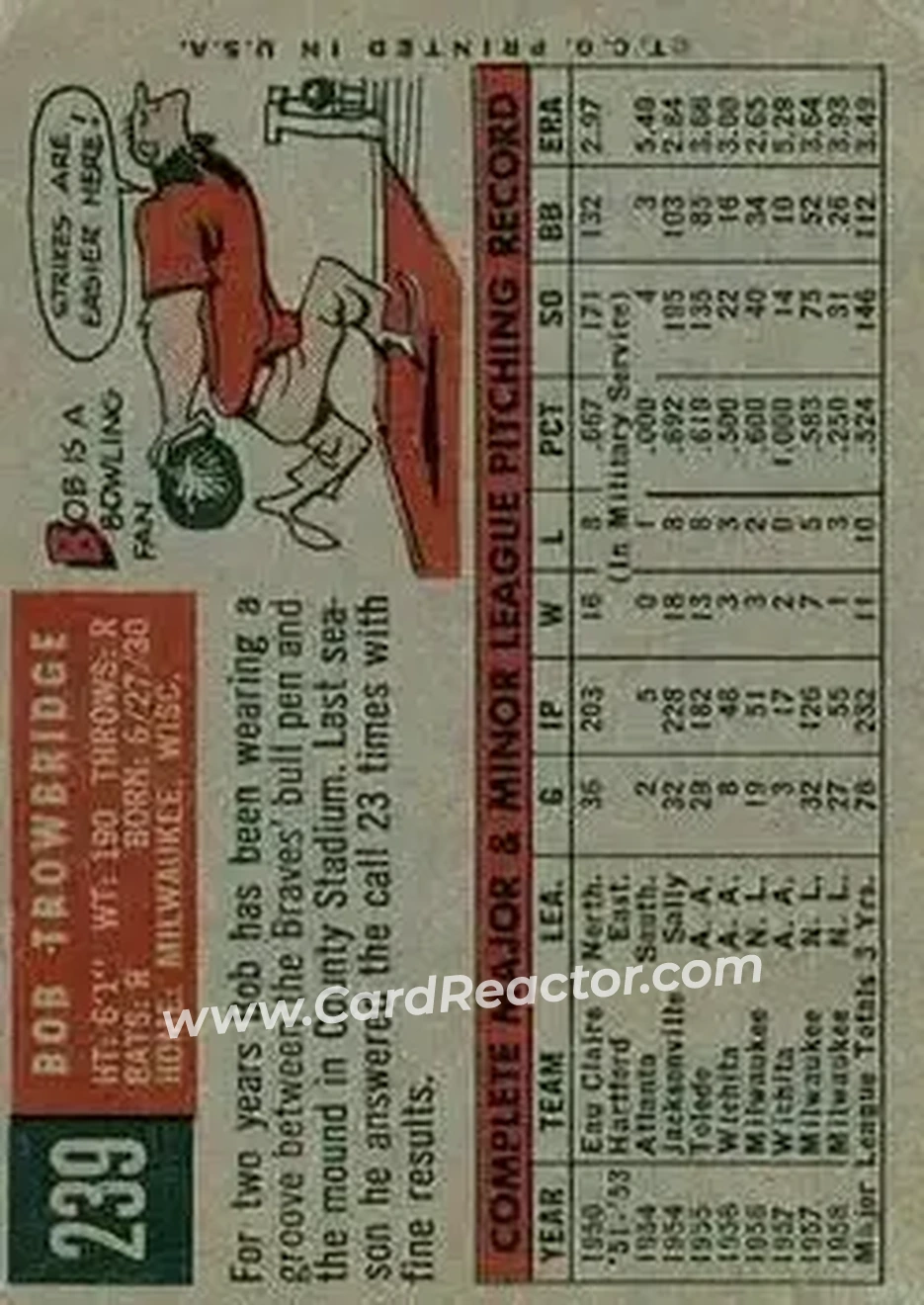 1959 Topps #239b - Bob Trowbridge - Milwaukee Braves - Back