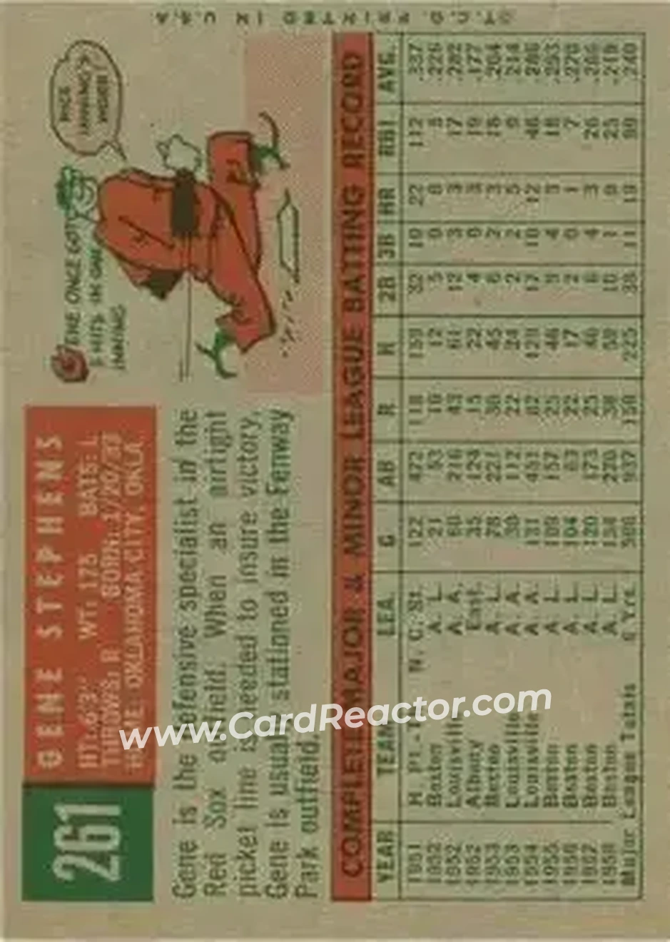 1959 Topps #261b - Gene Stephens - Boston Red Sox - Back