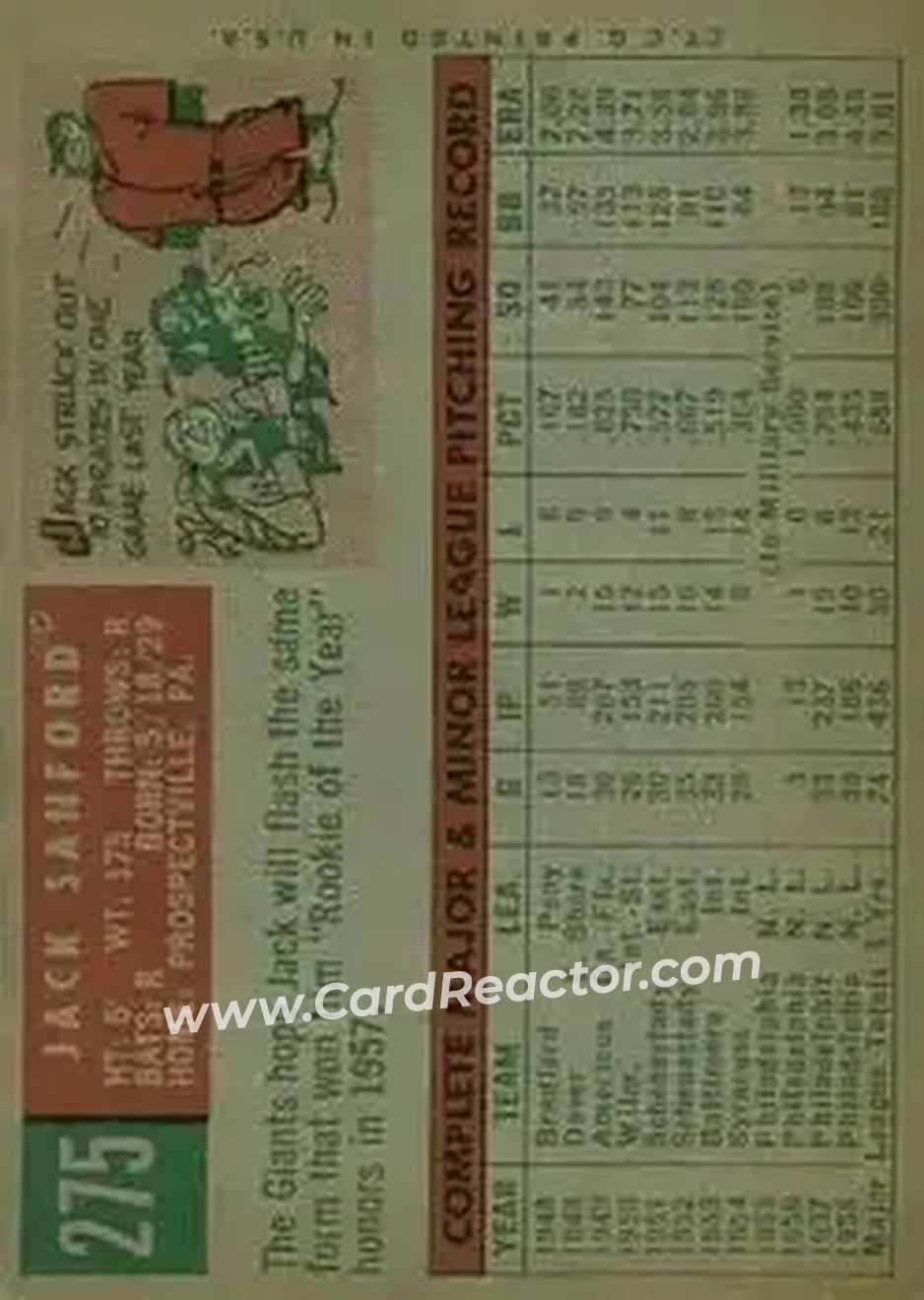 1959 Topps #275b - Jack Sanford - San Francisco Giants - Back