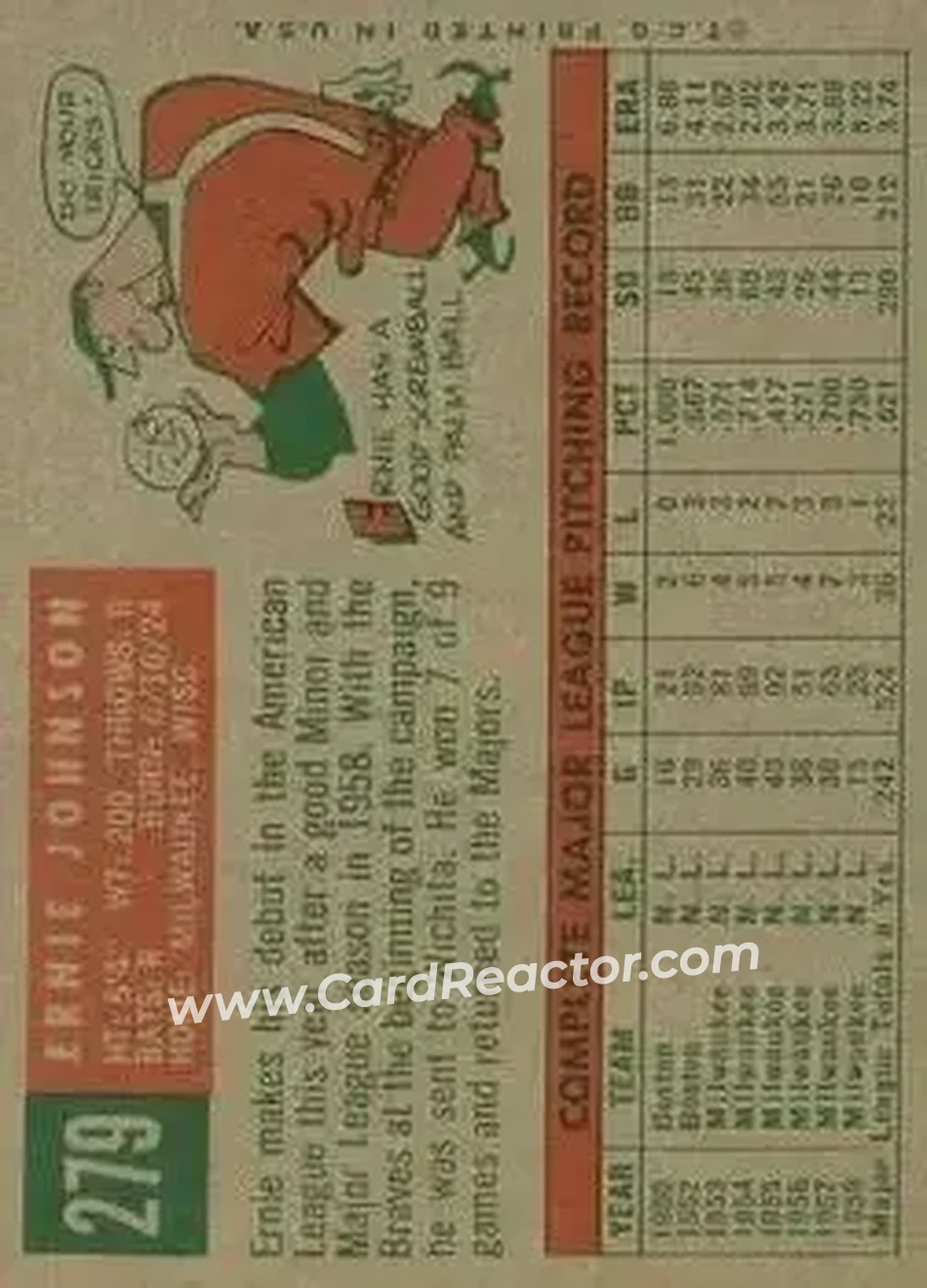 1959 Topps #279b - Ernie Johnson - Baltimore Orioles - Back