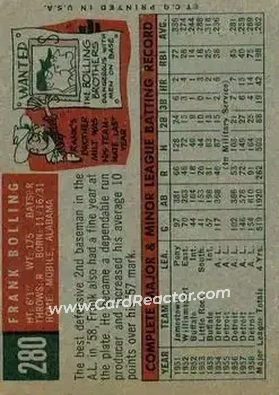 1959 Topps #280b - Frank Bolling - Detroit Tigers - Back