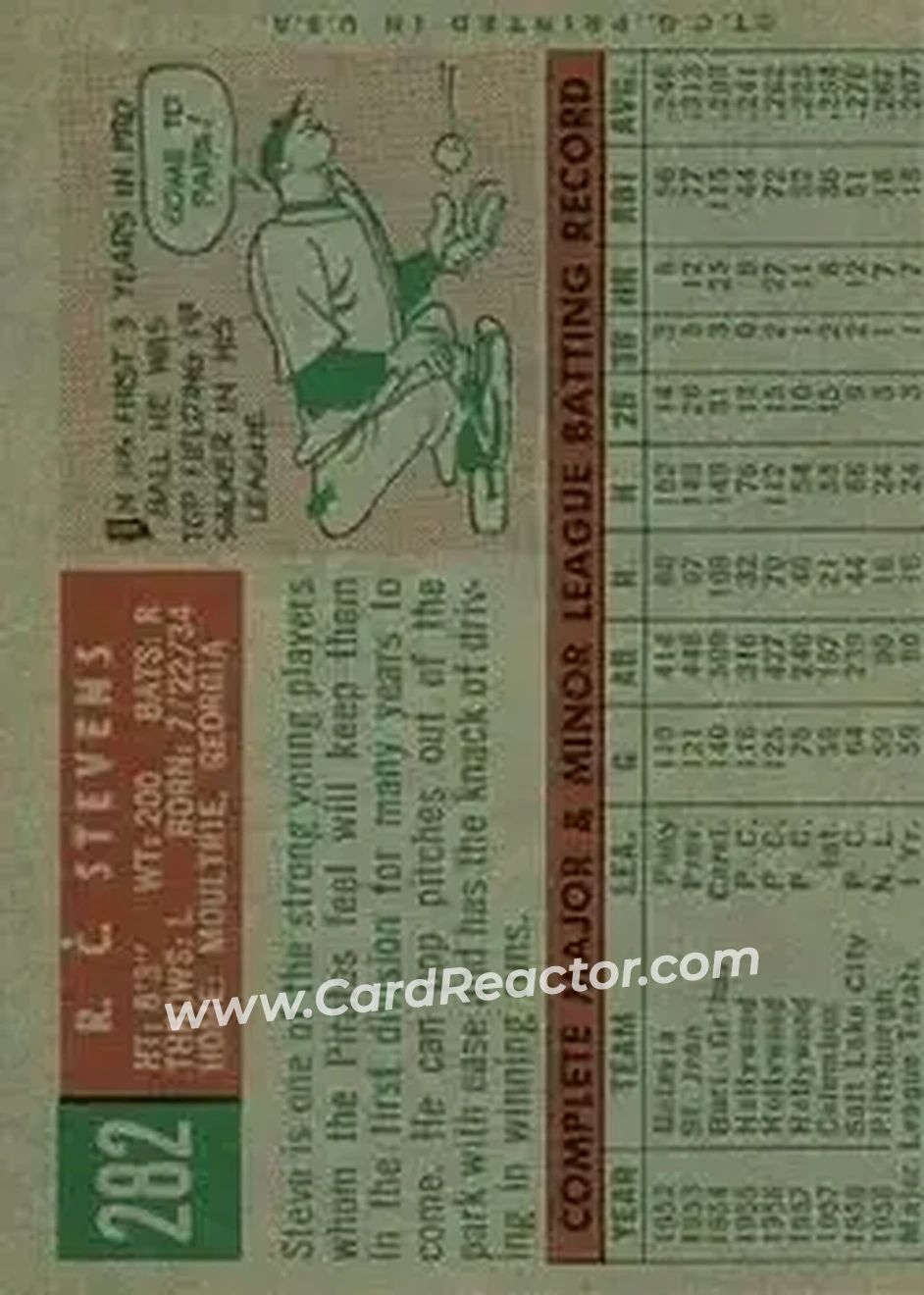 1959 Topps #282b - R.C. Stevens - Pittsburgh Pirates - Back