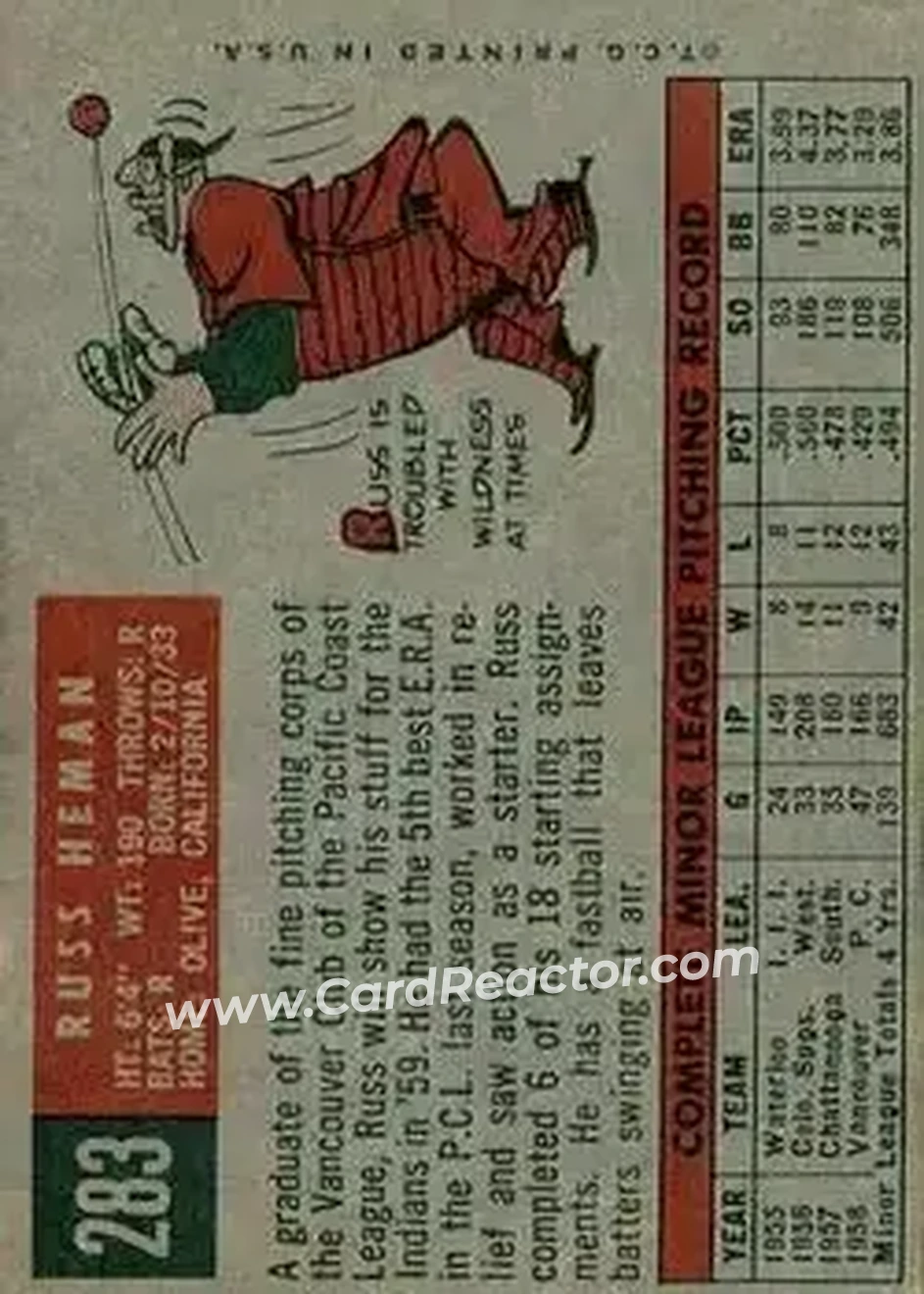 1959 Topps #283b - Russ Heman - Cleveland Indians - Back
