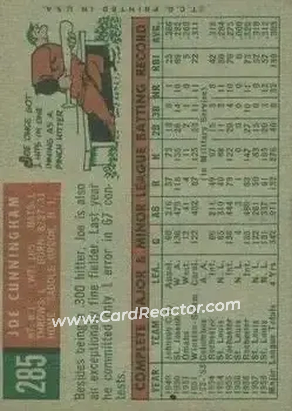 1959 Topps #285b - Joe Cunningham - St. Louis Cardinals - Back