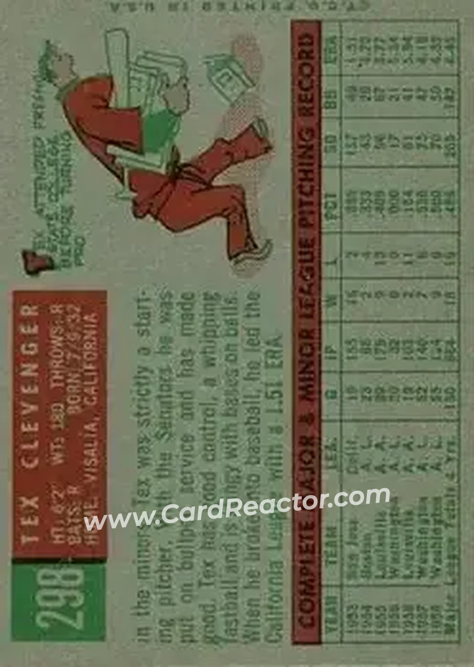 1959 Topps #298 - Tex Clevenger - Washington Senators - Back 1959 Topps #298 - Tex Clevenger - Washington Senators - Back