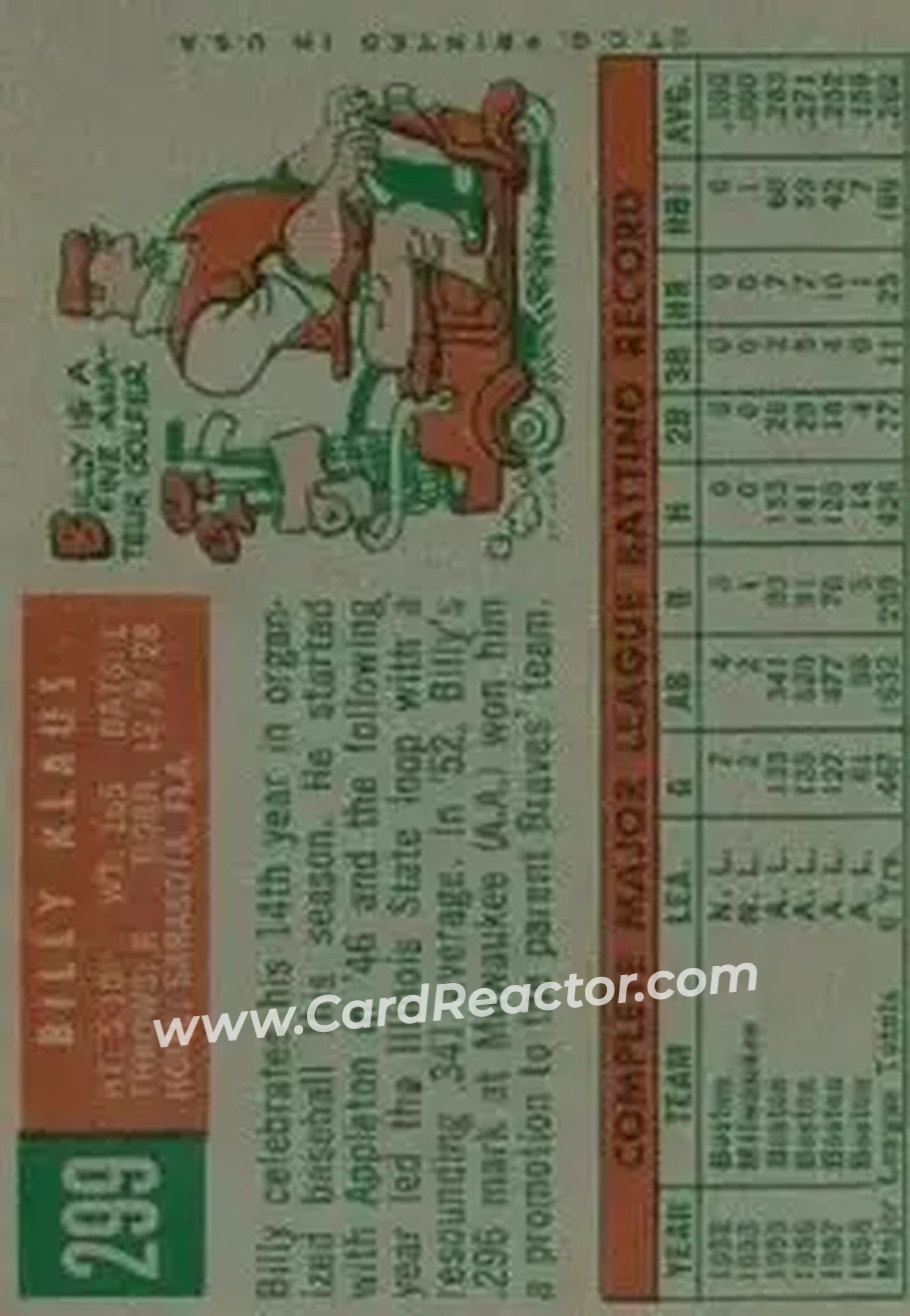 1959 Topps #299 - Billy Klaus - Baltimore Orioles - Back 1959 Topps #299 - Billy Klaus - Baltimore Orioles - Back