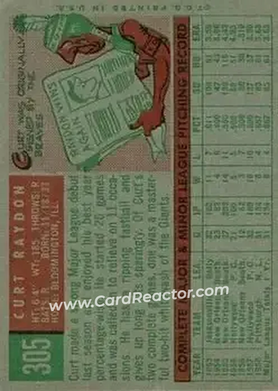 1959 Topps #305 - Curt Raydon - Pittsburgh Pirates - Back