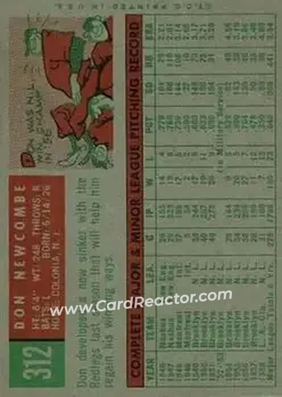 1959 Topps #312 - Don Newcombe - Cincinnati Redlegs - Back