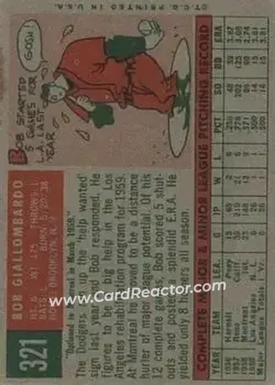 1959 Topps #321b - Bob Giallombardo - Los Angeles Dodgers - Back