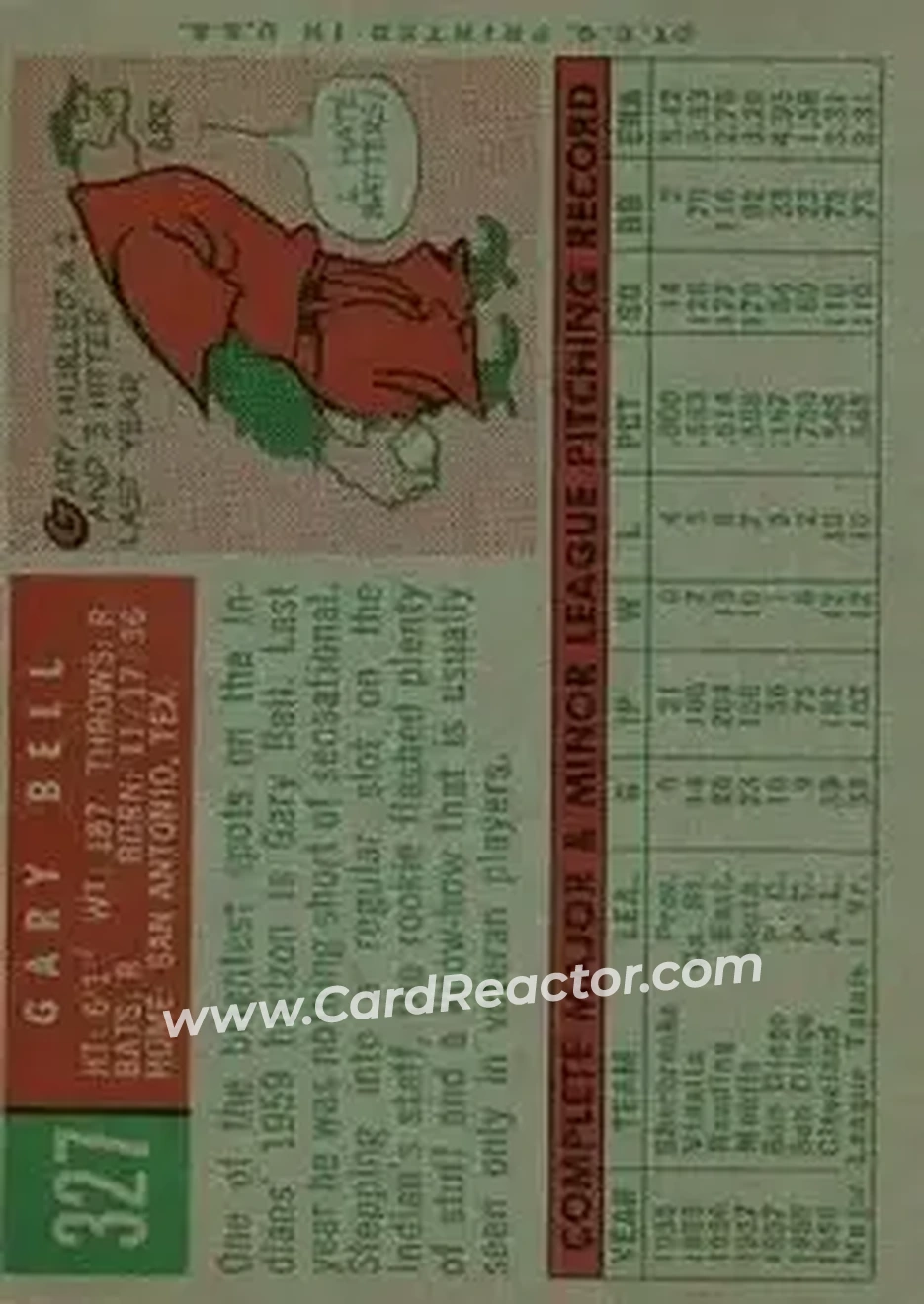 1959 Topps #327 - Gary Bell - Cleveland Indians - Back