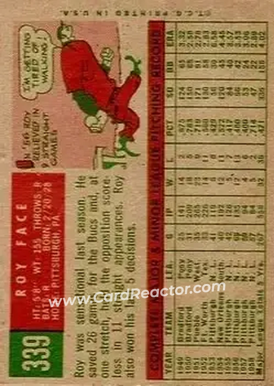 1959 Topps #339 - Roy Face - Pittsburgh Pirates - Back 1959 Topps #339 - Roy Face - Pittsburgh Pirates - Back