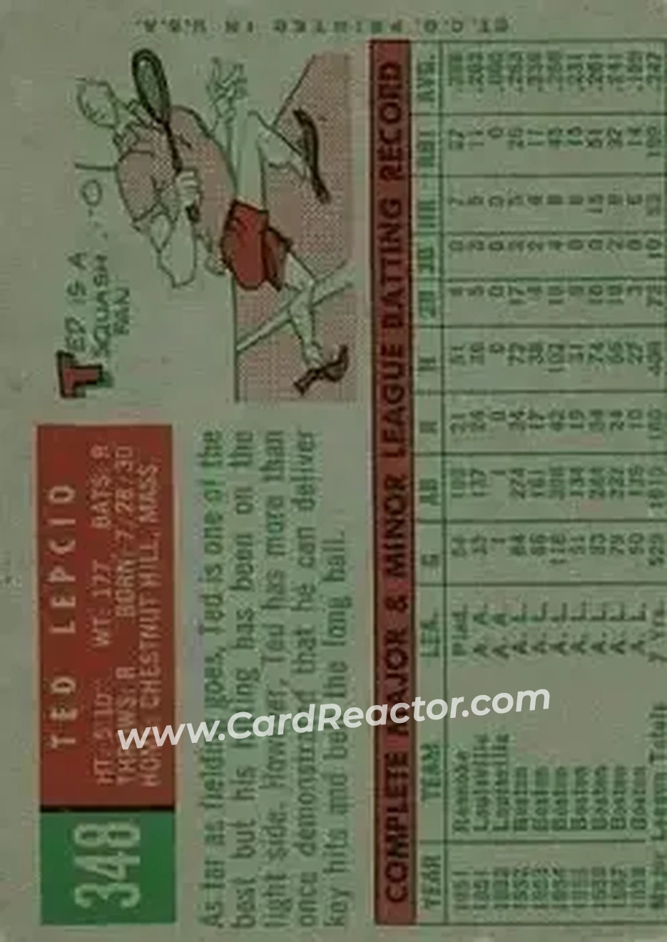 1959 Topps #348 - Ted Lepcio - Boston Red Sox - Back