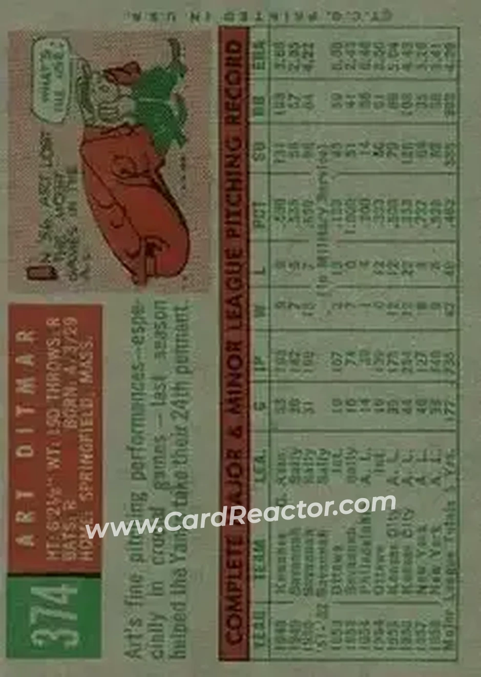 1959 Topps #374 - Art Ditmar - New York Yankees - Back 1959 Topps #374 - Art Ditmar - New York Yankees - Back