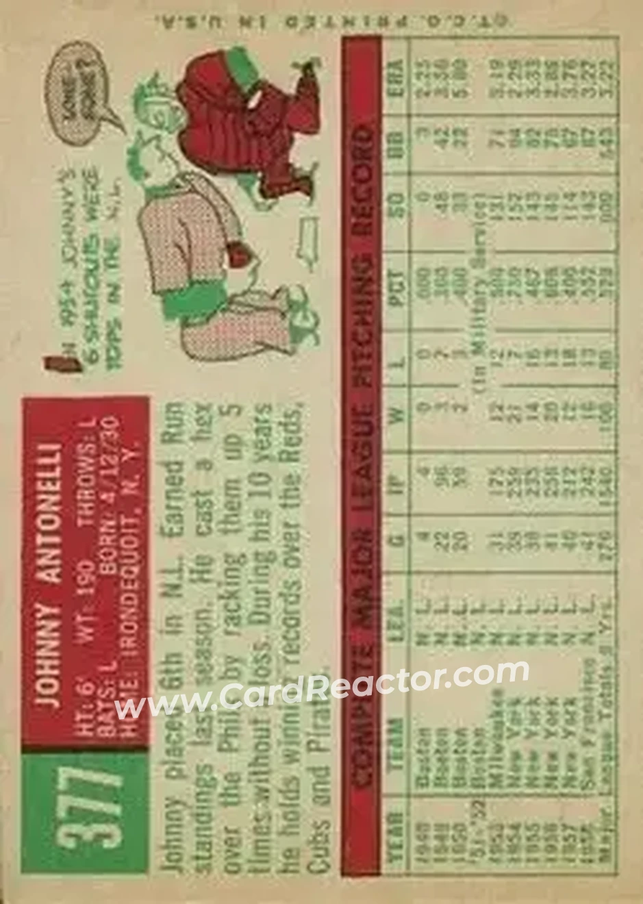 1959 Topps #377 - Johnny Antonelli - San Francisco Giants - Back