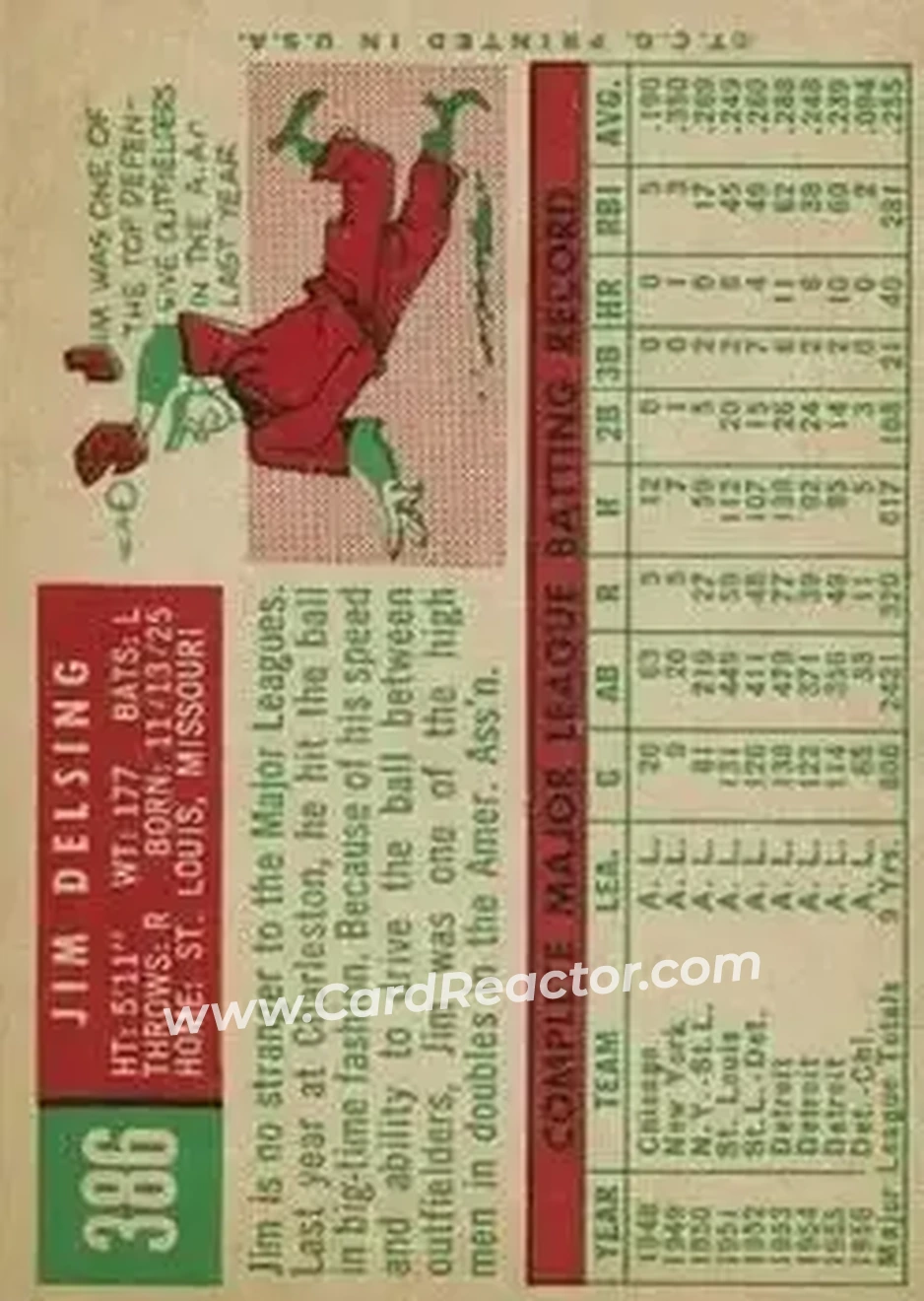 1959 Topps #386 - Jim Delsing - Washington Senators - Back