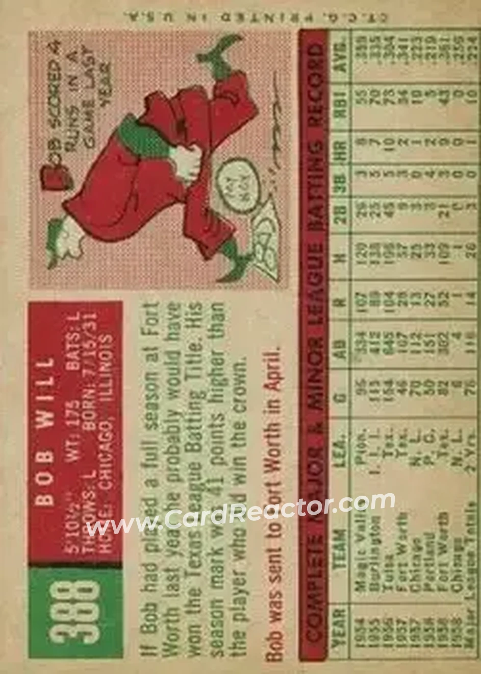 1959 Topps #388 - Bob Will - Chicago Cubs - Back