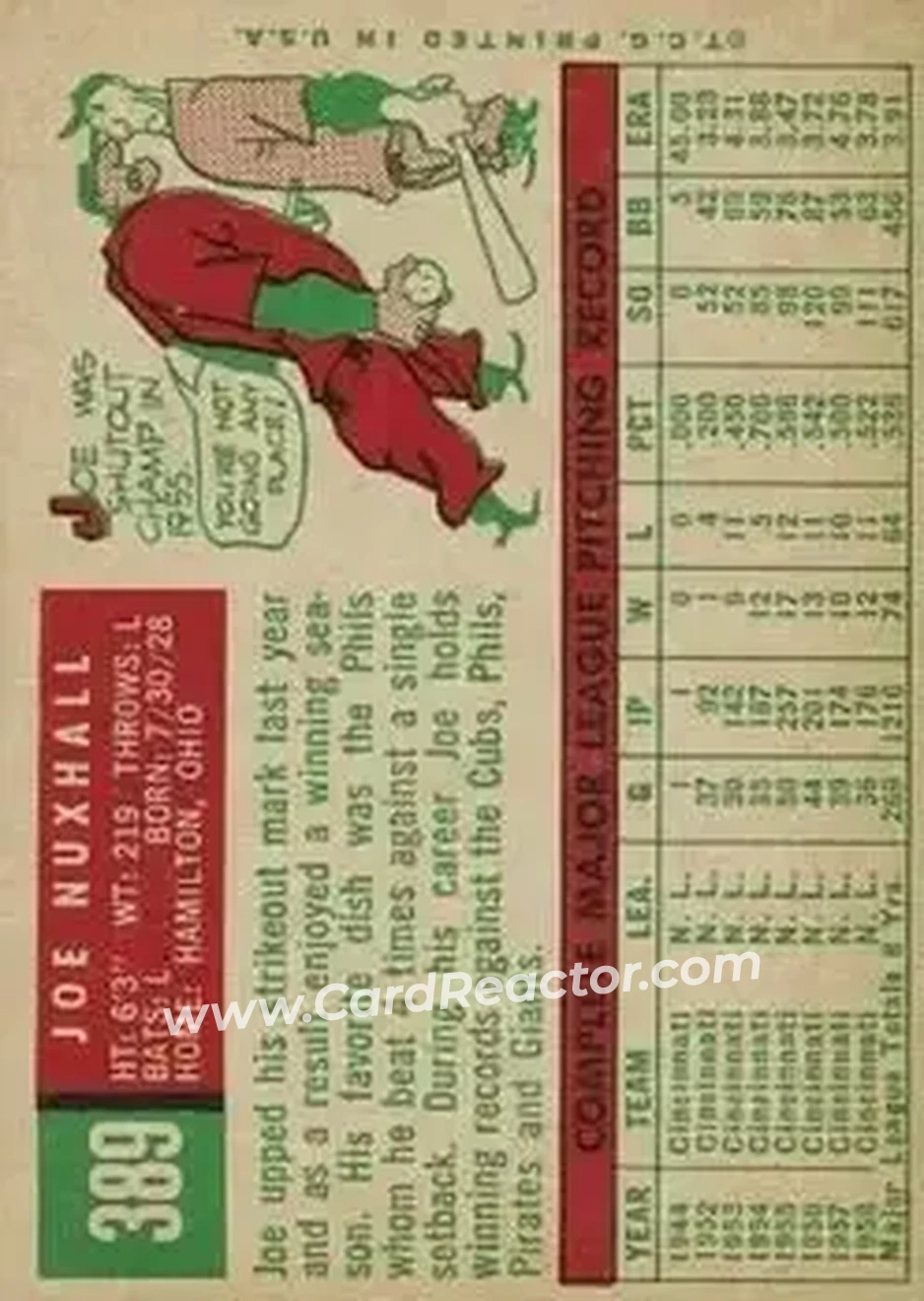 1959 Topps #389 - Joe Nuxhall - Cincinnati Redlegs - Back