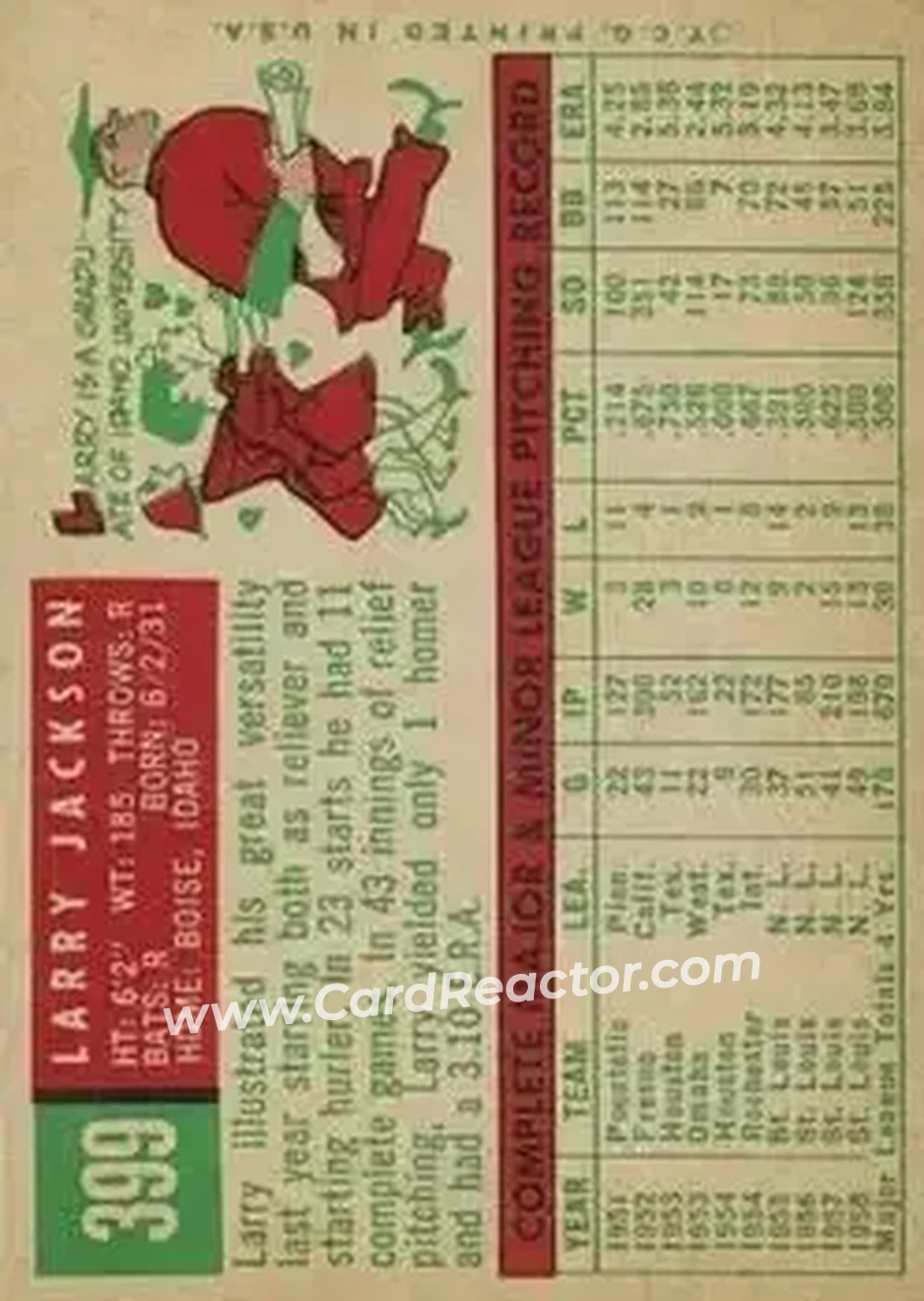 1959 Topps #399 - Larry Jackson - St. Louis Cardinals - Back