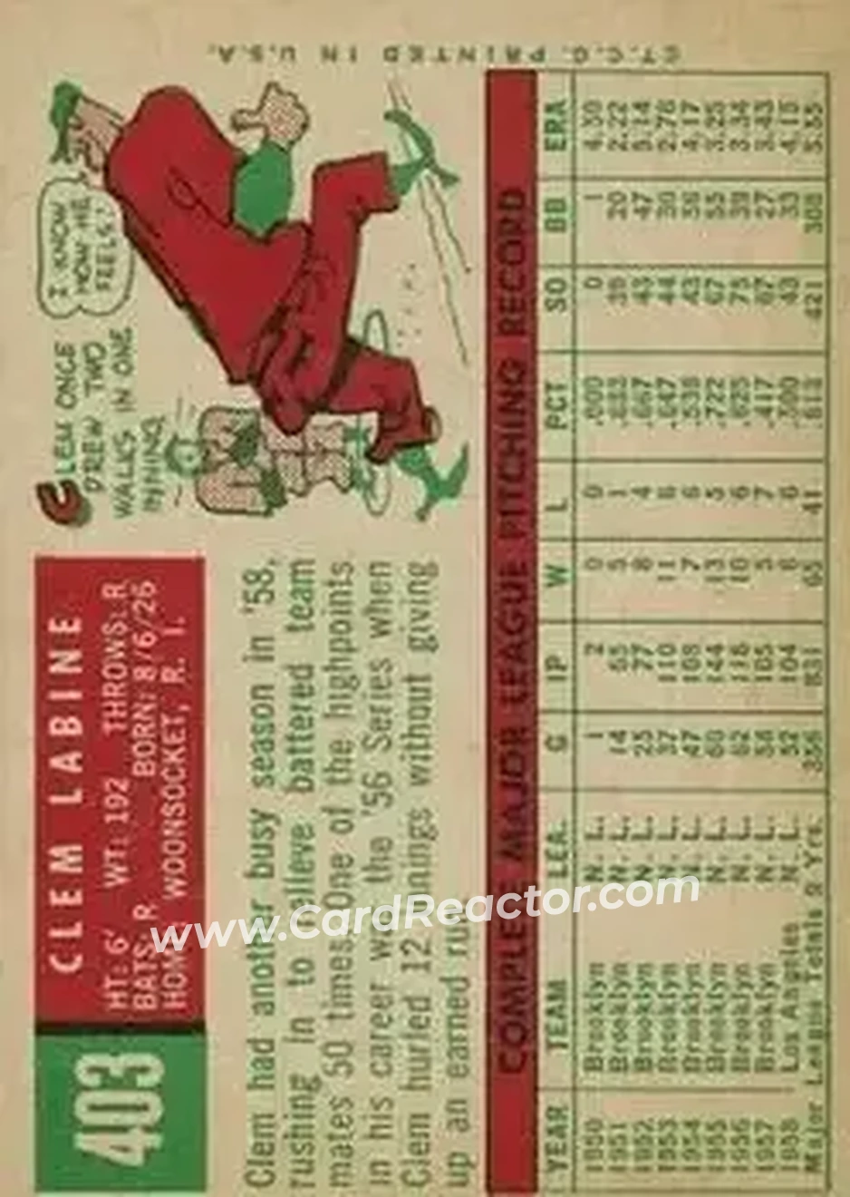1959 Topps #403 - Clem Labine - Los Angeles Dodgers - Back