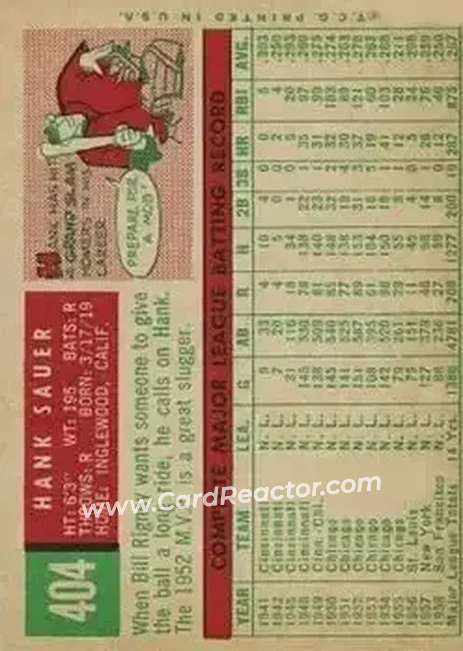 1959 Topps #404 - Hank Sauer - San Francisco Giants - Back