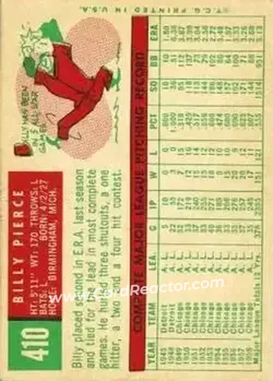 1959 Topps #410 - Bill Pierce - Chicago White Sox - Back 1959 Topps #410 - Bill Pierce - Chicago White Sox - Back