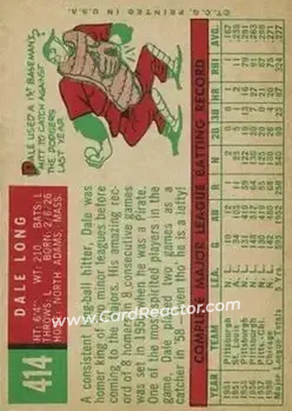 1959 Topps #414 - Dale Long - Chicago Cubs - Back 1959 Topps #414 - Dale Long - Chicago Cubs - Back