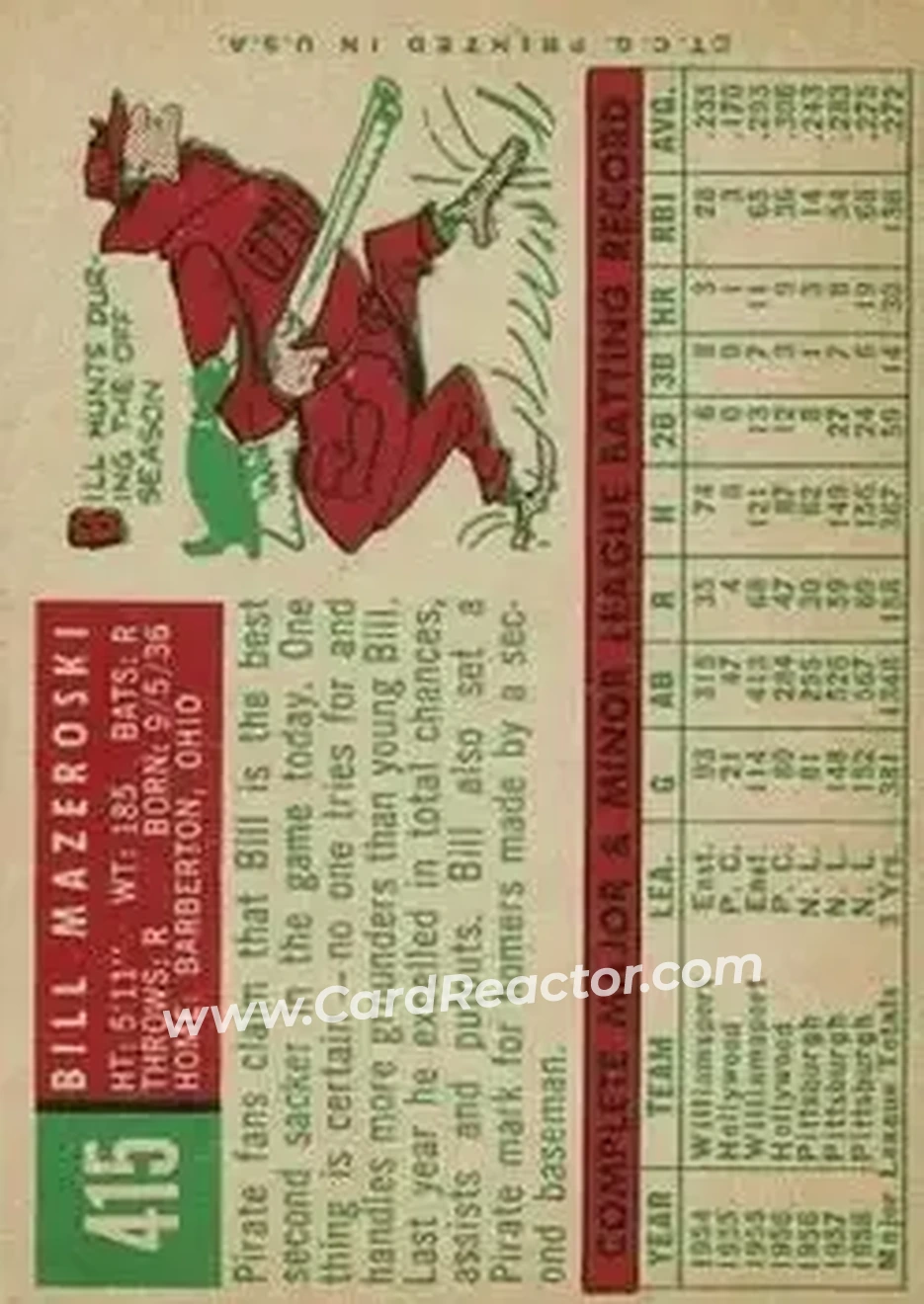 1959 Topps #415 - Bill Mazeroski - Pittsburgh Pirates - Back 1959 Topps #415 - Bill Mazeroski - Pittsburgh Pirates - Back
