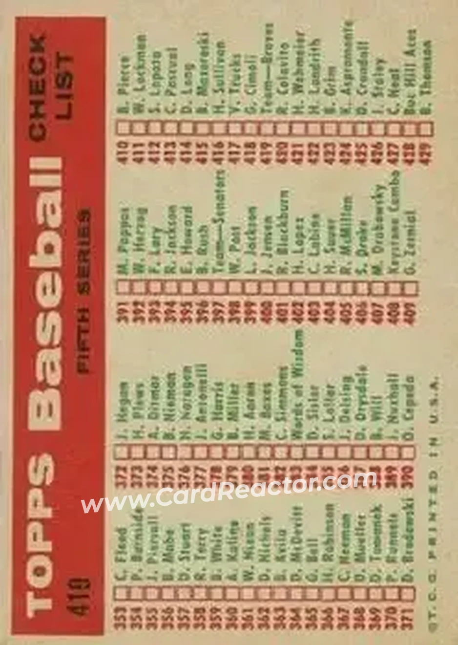 1959 Topps #419 - Card #419 - Milwaukee Braves - Back