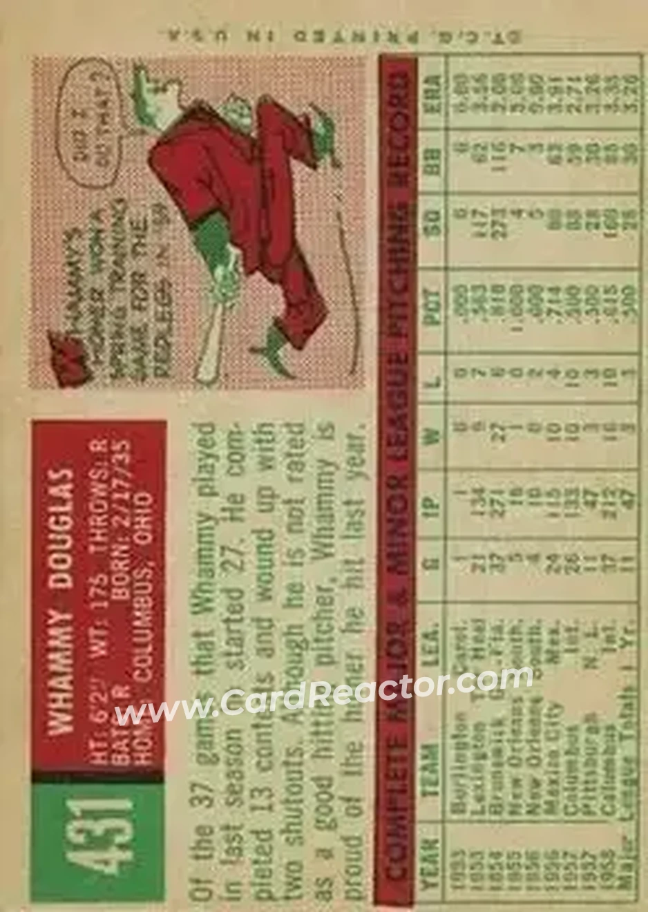 1959 Topps #431 - Whammy Douglas - Cincinnati Redlegs - Back